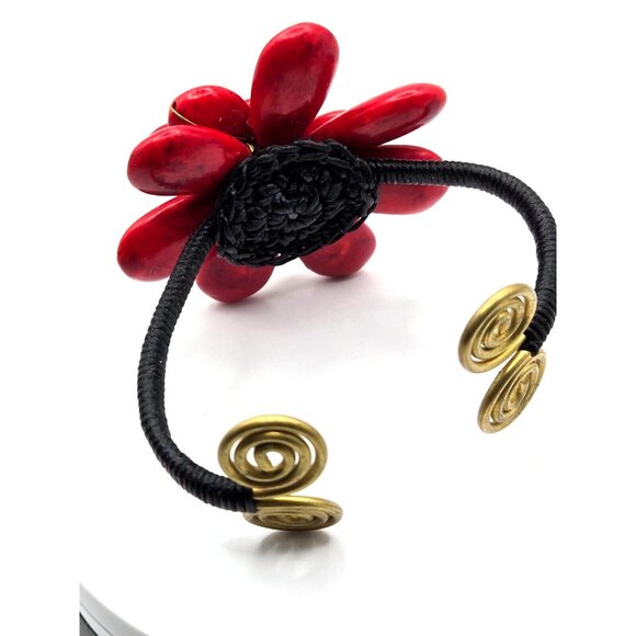 Amazing Red Leather Floral Bracelet Cuff with brass wrapped in black silk vintag - Picture 7 of 8